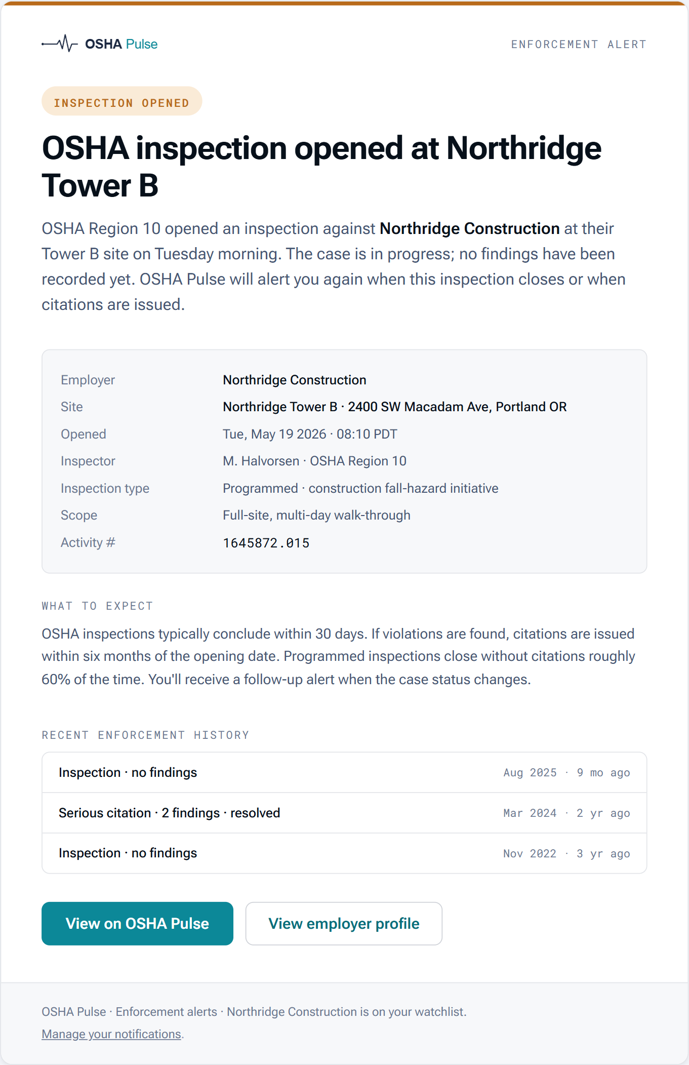 Sample OSHA Pulse alert email — inspection opened at Northridge Construction (Tower B)