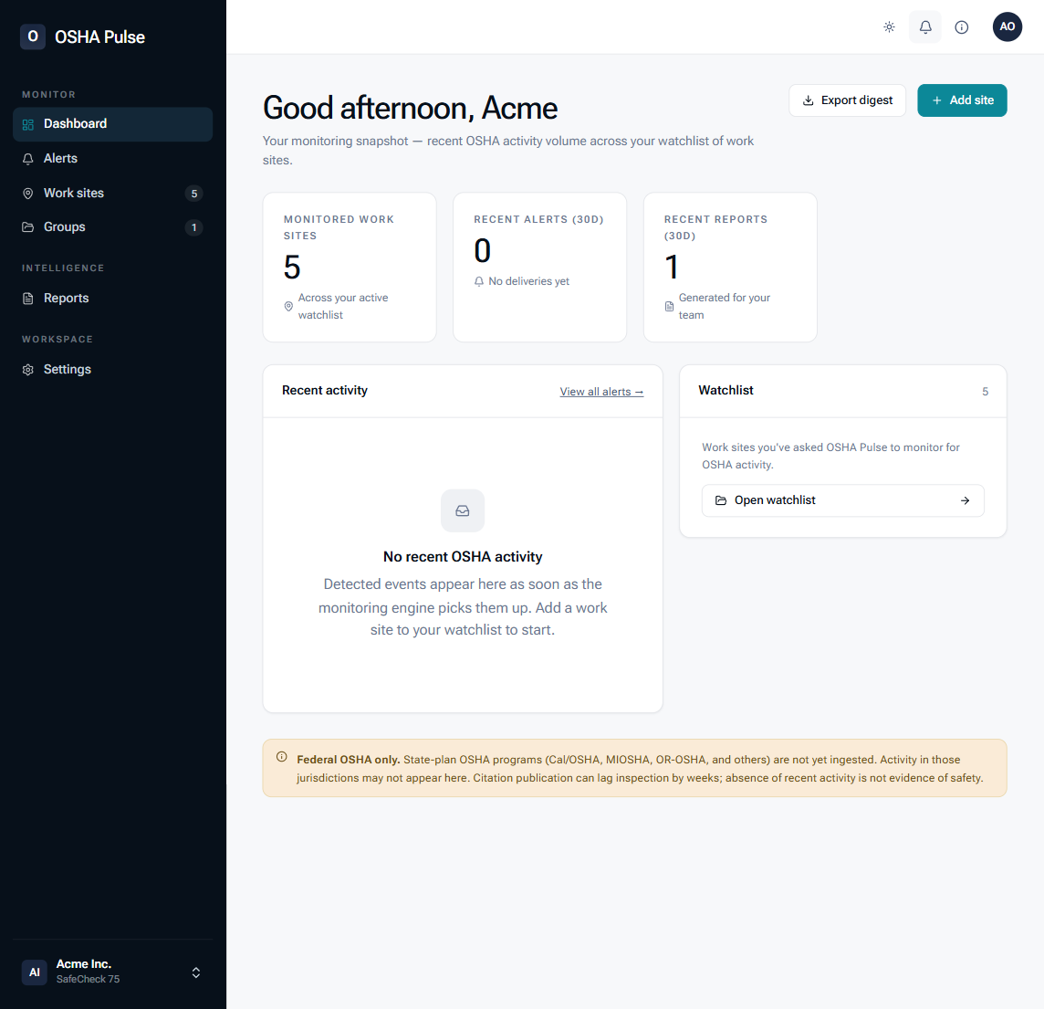 OSHA Pulse Home — demo data showing watchlist state